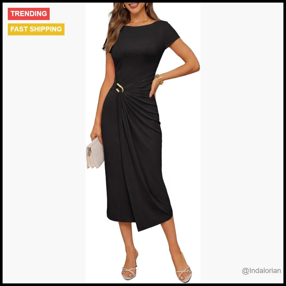 Cotton Blend Cocktail Midi Dress with Boat Neck and Cap Sleeves